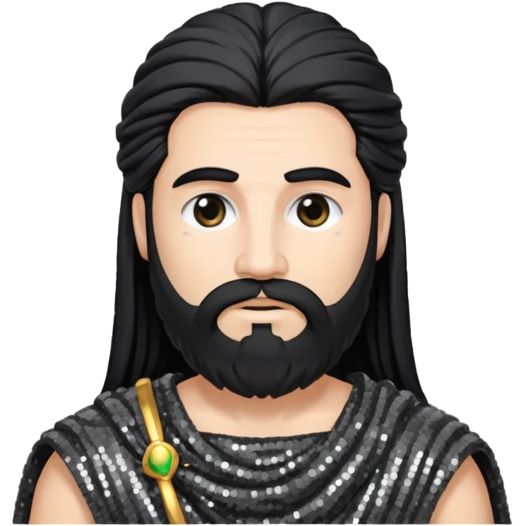 Saturn Time God with long black hair and beard, dark grey sequin toga emoji