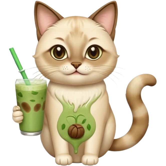 Happy Siamese Cat holding in its paws an iced matcha latte emoji