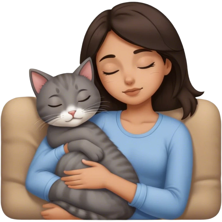 Grey kitty sleeping on brunette girl's lap emoji