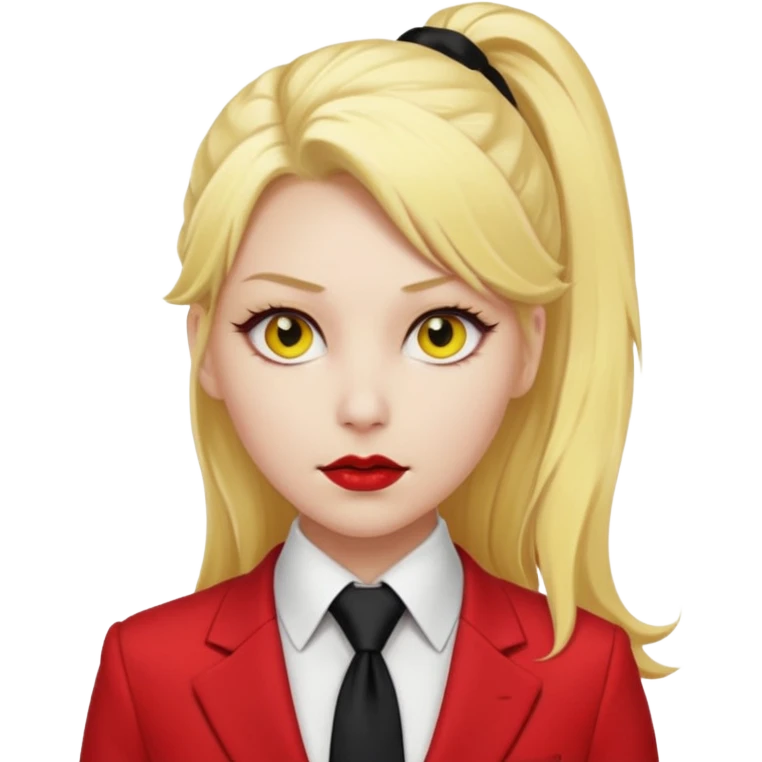 Woman with porcelain white skin, thick blonde hair that's in a thick, long ponytail, has a black nose, yellow scleras, red pupils, and a red suit with a black tie. Demon emoji