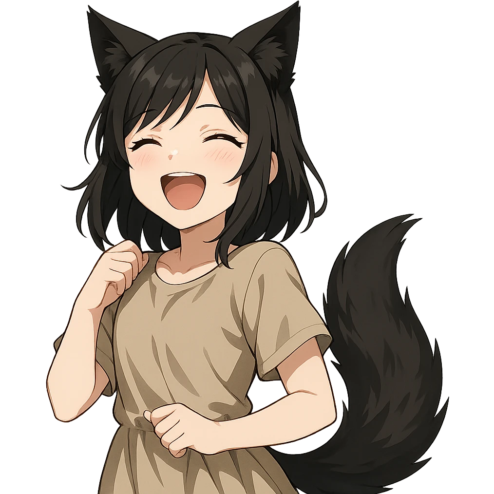 A girl with black fox ears and a tail, green eyes, dark hair, laughing emoji