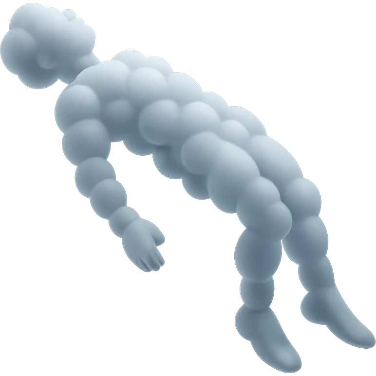 side view of unconscious person flying upwards by torso, legs and arms downwards, made of small very bright white fluffy convex clouds, matte glass style emoji