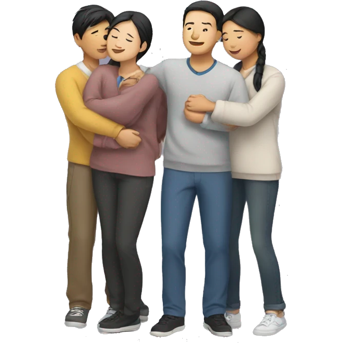 Three Asians standing side by side and looking at each other and hugging each other emoji