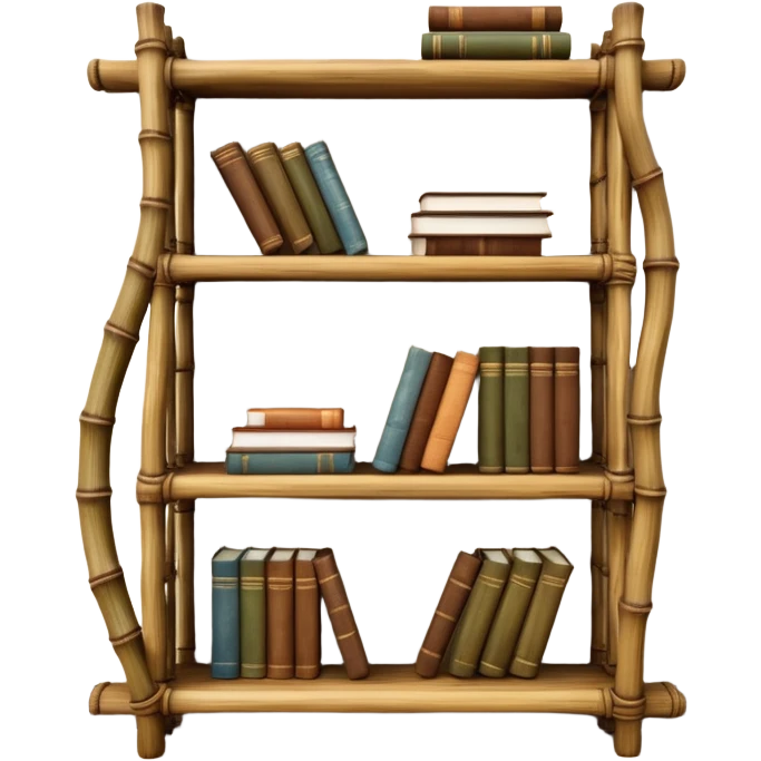 Twisted bamboo shelving unit with books and decorative items emoji