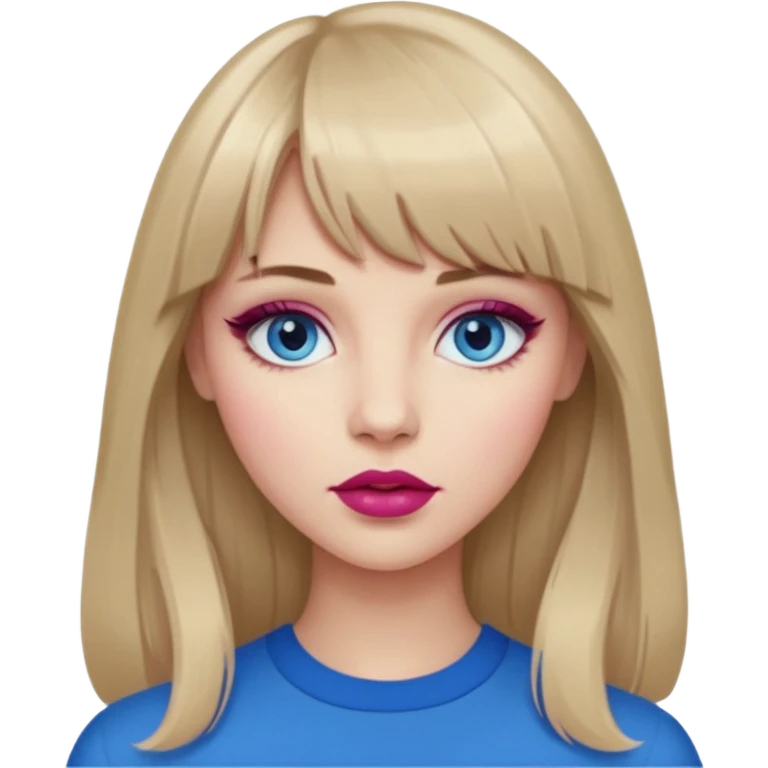 Woman with long dark blond hair and bang, blue eyes, raspberry lip  emoji emoji