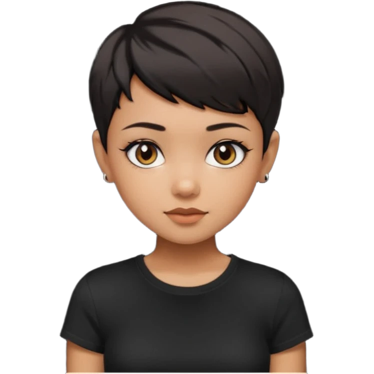 A girl with black short pixie haircut cut, dark brown eyes that almost look like black, caramel tone skin colour. Wearing a black t-shirt.  emoji