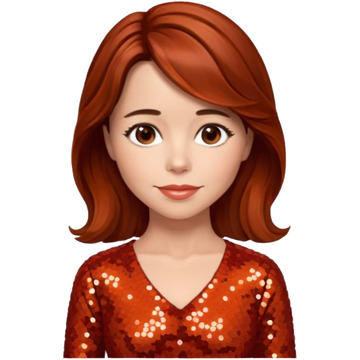 Linda Cardellini with reddish brown hair, red-orange sequin outfit emoji