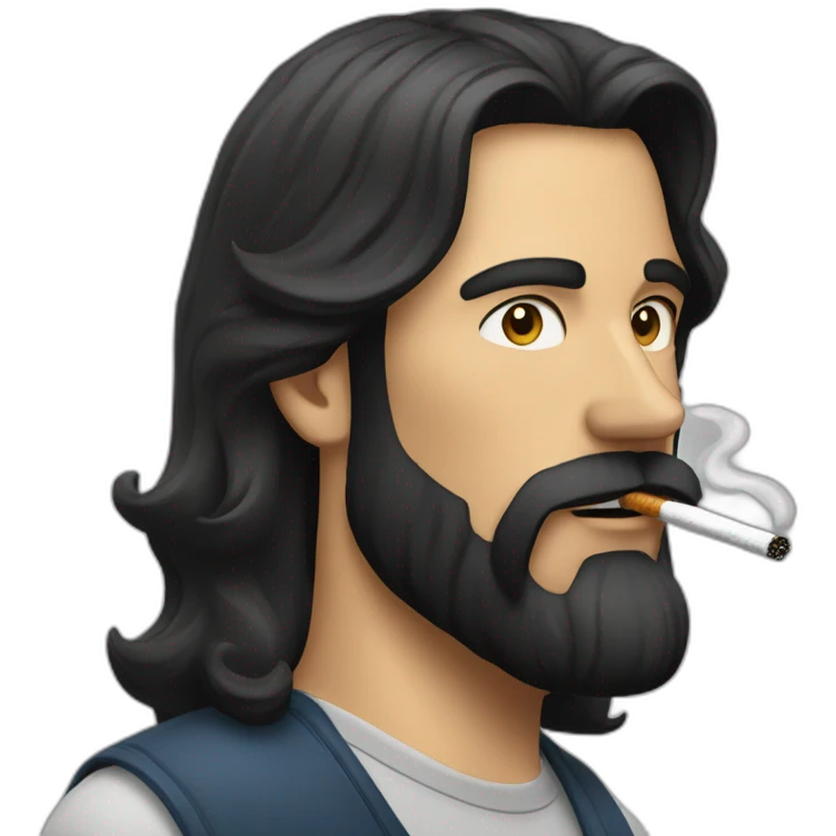 man with long dark hair and beard smoking cigarettee emoji