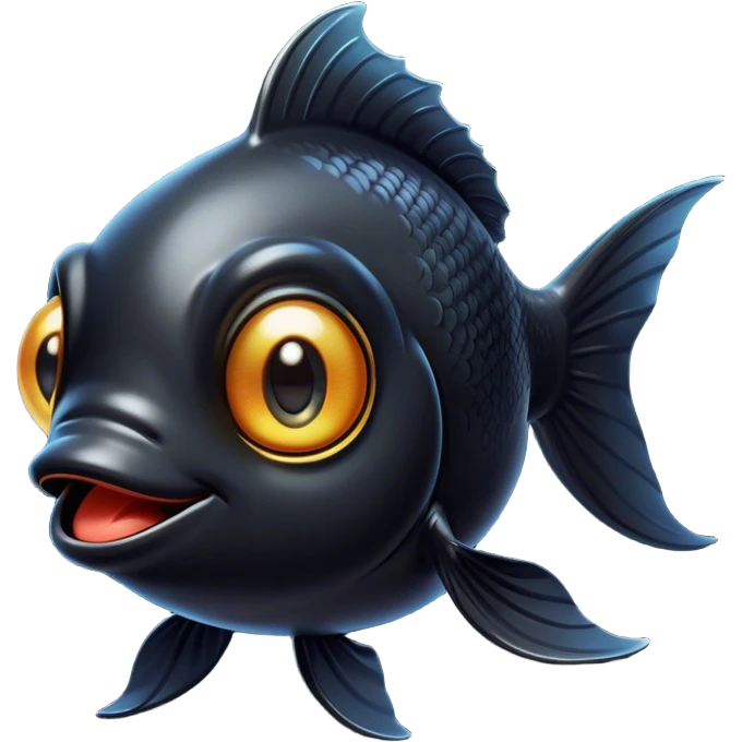Cinematic Comical Black Goldfish Portrait Emoji, Head tilted dramatically with an exaggeratedly amused expression, featuring a striking, glossy deep black body with vibrant, fluttering fins, wide, expressive golden eyes filled with playful disbelief, Simplified yet hilariously expressive features, highly detailed, glowing with a slightly sassy glow, high shine, dramatic yet playful, stylized with an air of cheeky mischief, bright and endearing, soft glowing outline, capturing the essence of a spirited and over-the-top goldfish, so meme-worthy it feels like it could side-eye its way into internet fame instantly! emoji