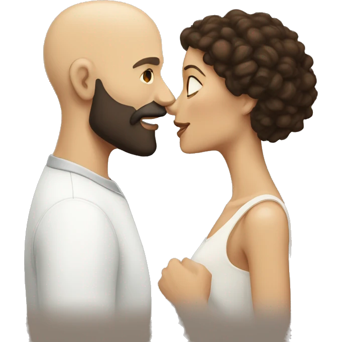 White Man bald with dark beard kissing short brown woman with long dark curly hair emoji