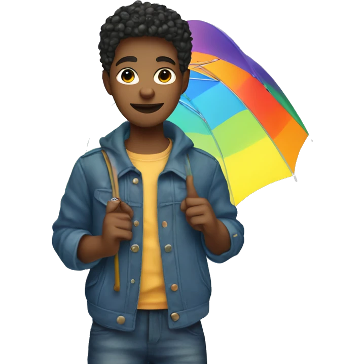 Queer boy with colourful clothes hoding an umbrella emoji