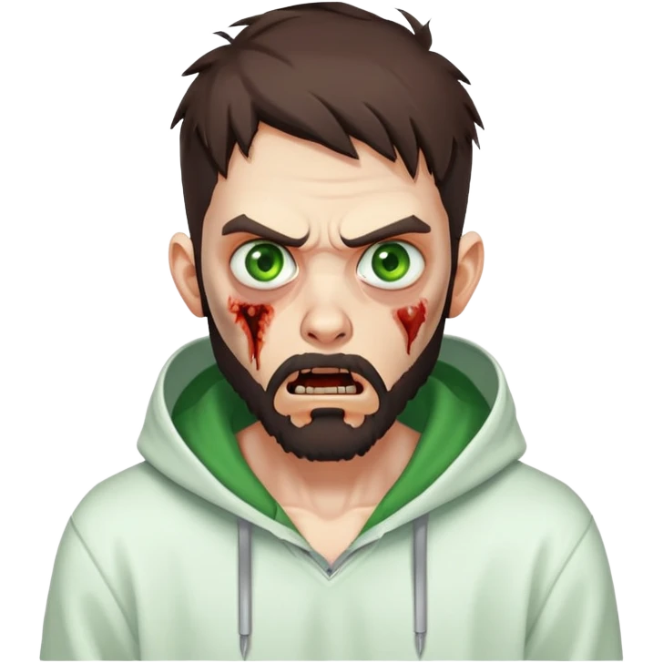 zombie with shocked expression, undercut hairstyle with dark brown hair, short full beard, intense green eyes, wearing plain white hoodie emoji
