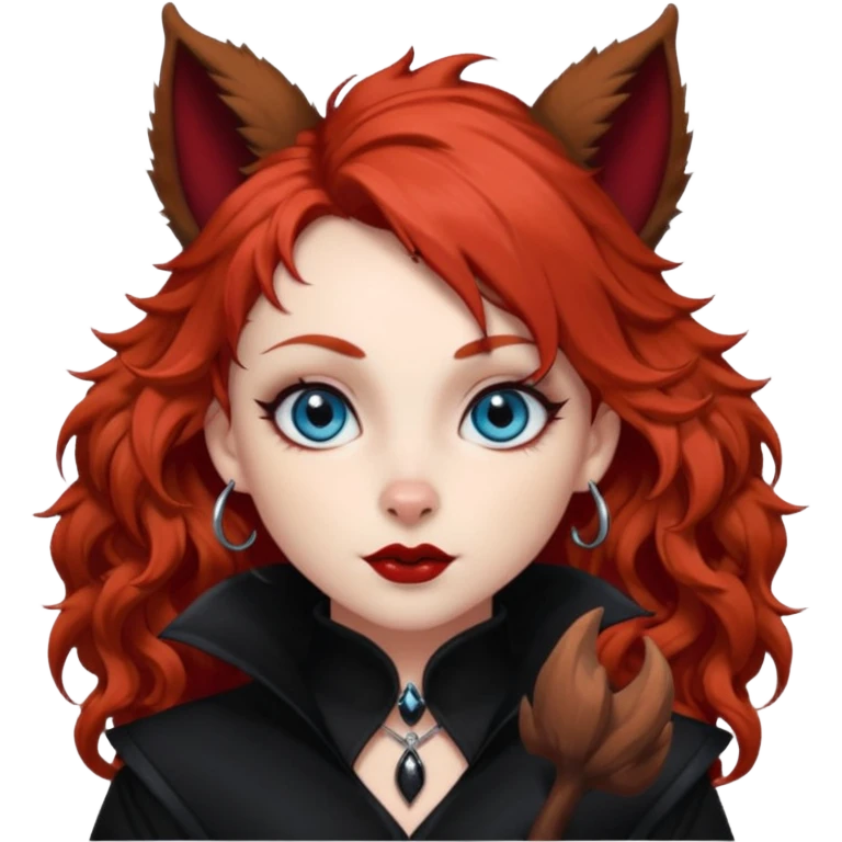  long curly red hair (darker), red pointed ears with black trim, black goth outfits, body and face human, blue eyes, more pointy chin, black lipstick, one big fluffy red squirrel tail with black tips, like the attached photo with more outfits and poses,  emoji