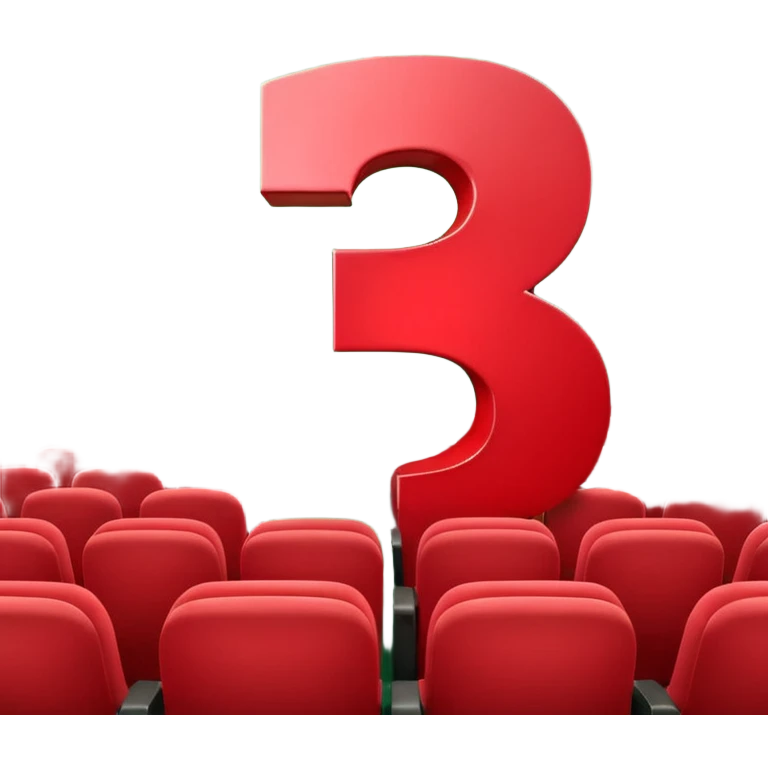A 3D number 3 in a movie theater setting, shiny red surface; bright string lights on the number, the border is green with tiny string lights like stroke ; cinematic glow with subtle haze; glossy, premium Hollywood countdown look; centered composition. emoji