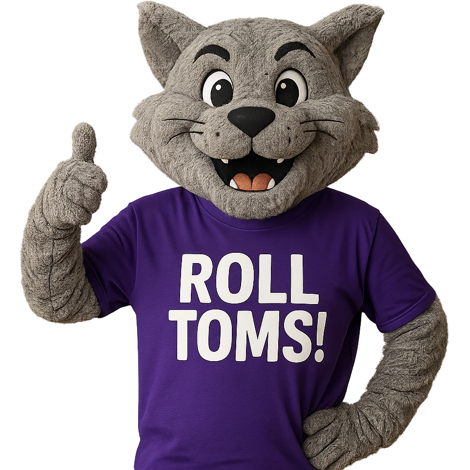 Tommie the Tomcat, University of St. Thomas mascot, in a purple t-shirt that says 'Roll Toms!', smiling and giving a thumbs up emoji