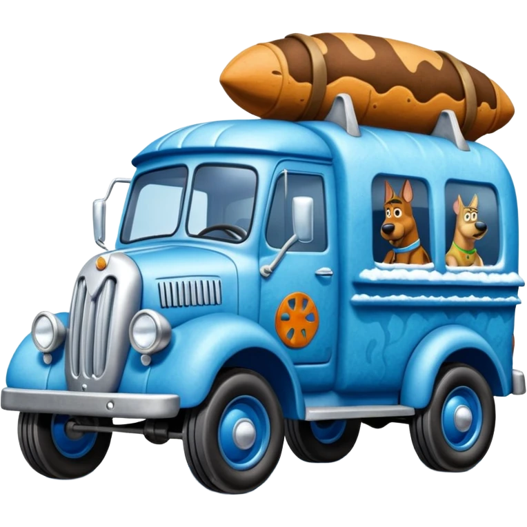 The Flintstones shiny crushed-dark iced-blue frozen Scooby Doo 1912 Bug busters liquidator’s antique long-wheelbase snub-nose off-road moving truck  emoji