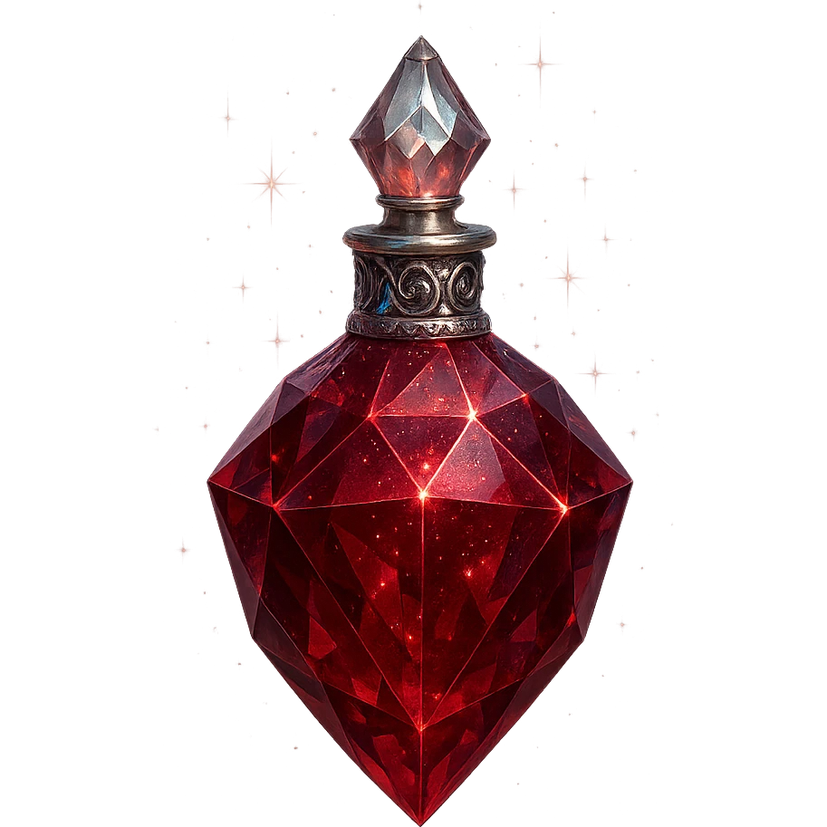 luxurious crystal elixir bottle in faceted red crystal shape, deep red color, ornate silver and iridescent details, magical glowing and sparkling effects, very small neck, seamless bottom, bottle clearly floating in air, no base or shadow, modern, collection style, transparent background emoji