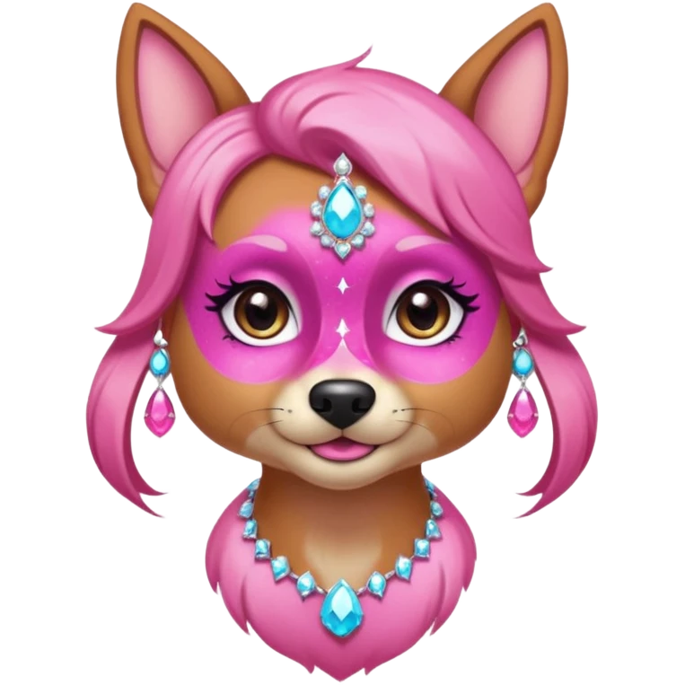 glamorous dog portrait, head and shoulders only, exaggerated pink makeup, bright eyeshadow, long eyelashes, shiny blush cheeks, sparkling face gems, glitter accents, elegant earrings, fantasy beauty style, cute 3D cartoon, mobile game icon style, clean background, no text, no watermark
 emoji