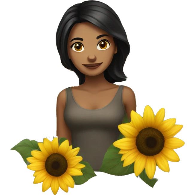 Beautiful lady with black hair and brown eyed , holding sunflower emoji