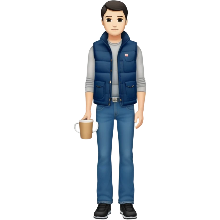 full body man with plain black puffy winter vest with no pockets over long sleeved shirt wearing straight levi boot cut levi blue jeans with no cuffs and tennis shoes holding coffee mug in his hand emoji