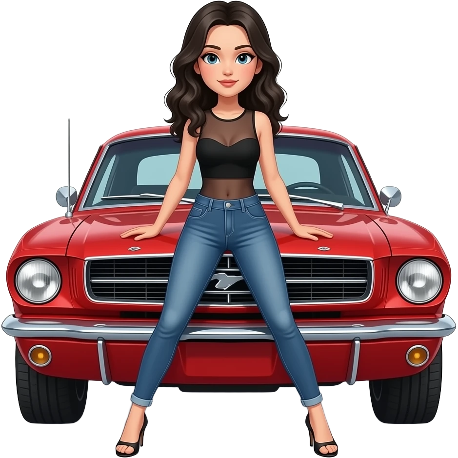 Pale girl with black wavy hair in front of a red Ford Mustang 1968 coupe. Girl wearing a sheer black sleeveless top with a medium neckline, jeans and heels with visible toes. Legs spread and hands resting on the hood. emoji