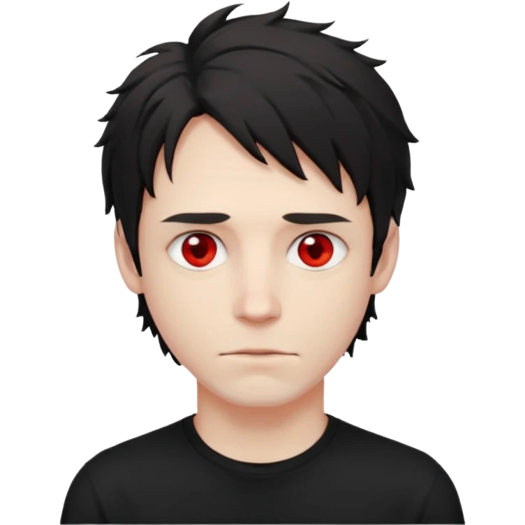 Парень с бледной кожей и красными глазами,  чёрные растрёпанные волосы до ушей, в черной футболке  emoji