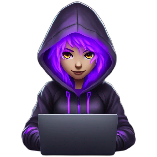 Girl developer behind his laptop with this style : Crytek Crysis Video game neon glowing bright purple character purlple black hooded hacker themed character emoji
