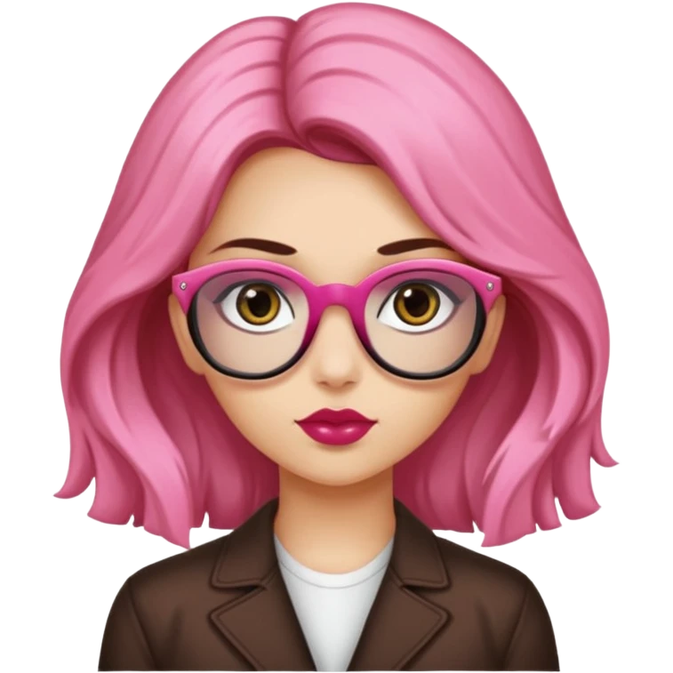 Una ragazza con capelli castani mossi e lunghi e indossi occhiali neri e con una piccola rosa nella testa. Le labbra devono essere color carne, senza rossetto emoji