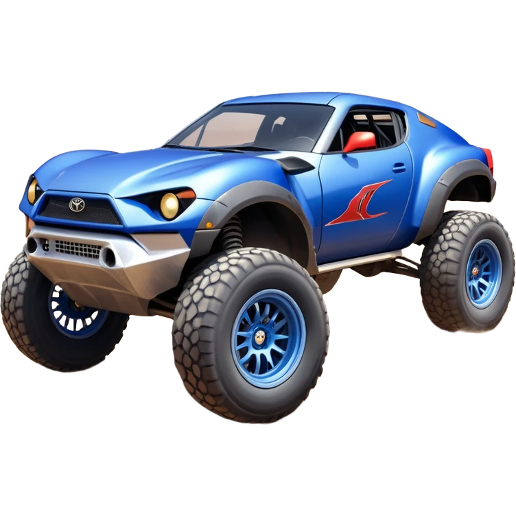 Satan’s evil night blue Dirty and dented Local Motors Rally Fighter off road race car hot rod meets Toyota 86 trophy truck-style basher flying on a dusty road (silver wheels) emoji