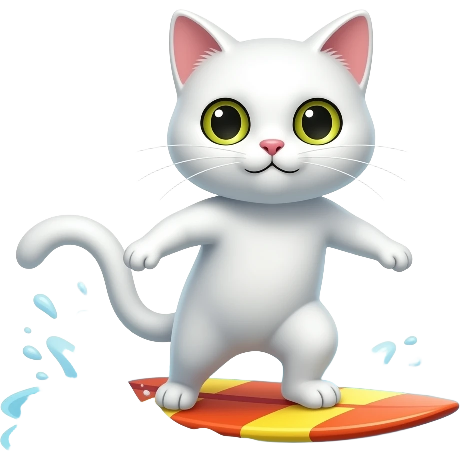 white  cat surfing  with water POV emoji