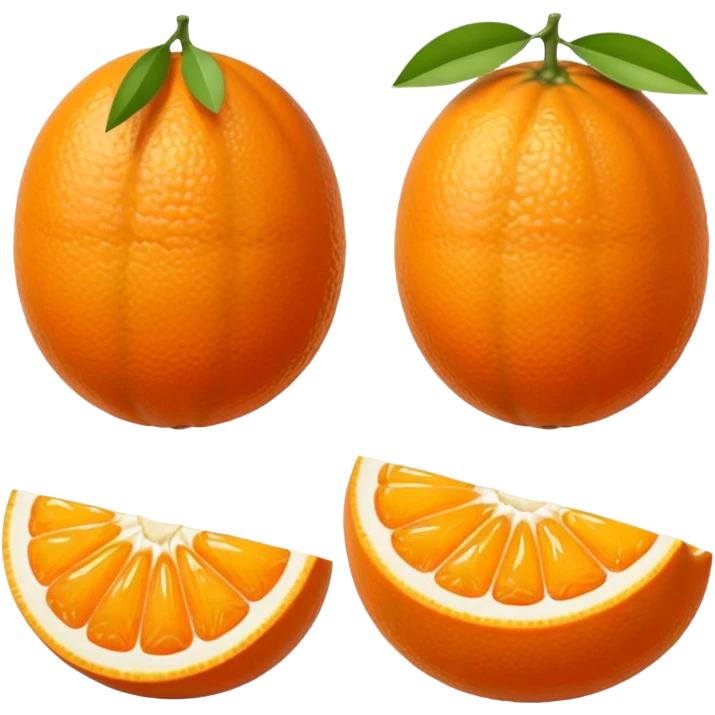 small oval citrus fruit with smooth glossy orange skin, whole and halved to show juicy segments and tiny seeds, firm slightly dimpled texture, miniature scale, no leaves or extras, soft lighting, subtle shadows, emoji scale emoji