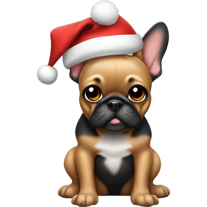 Mostly Black frenchie with tan paws wearing Santa hat and sitting emoji