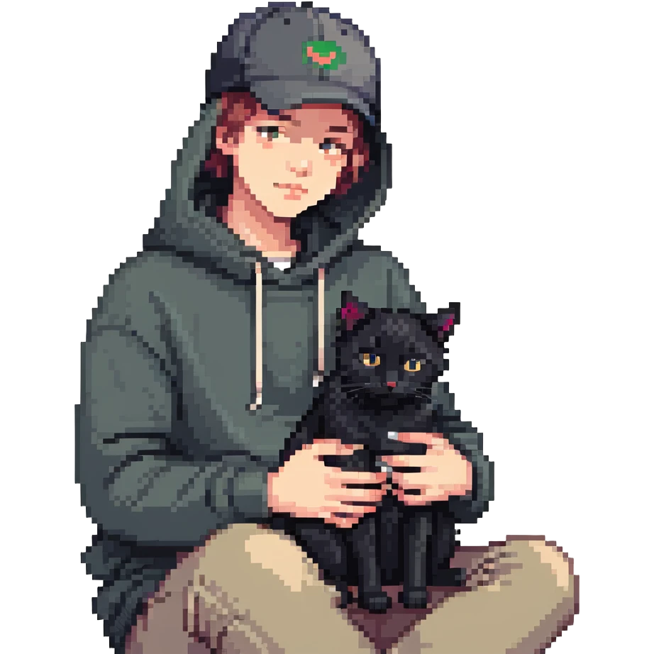guy with a cap and hoodie, two black cats on his lap emoji