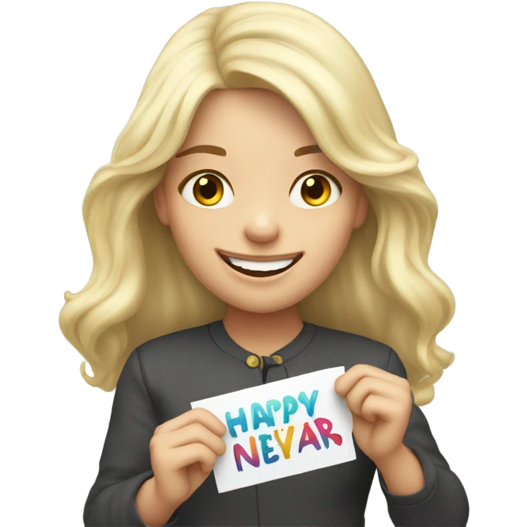 Cute long haired light blonde girl holding up a Happy New Year sign  emoji