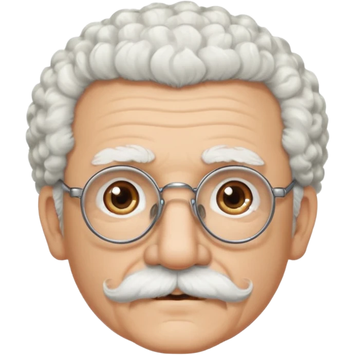 An elderly man emoji with light skin, fluffy curly white hair, thick white eyebrows, brown eyes behind black-framed glasses, a small nose, and neatly groomed white facial hair — a mustache and a short goatee. emoji