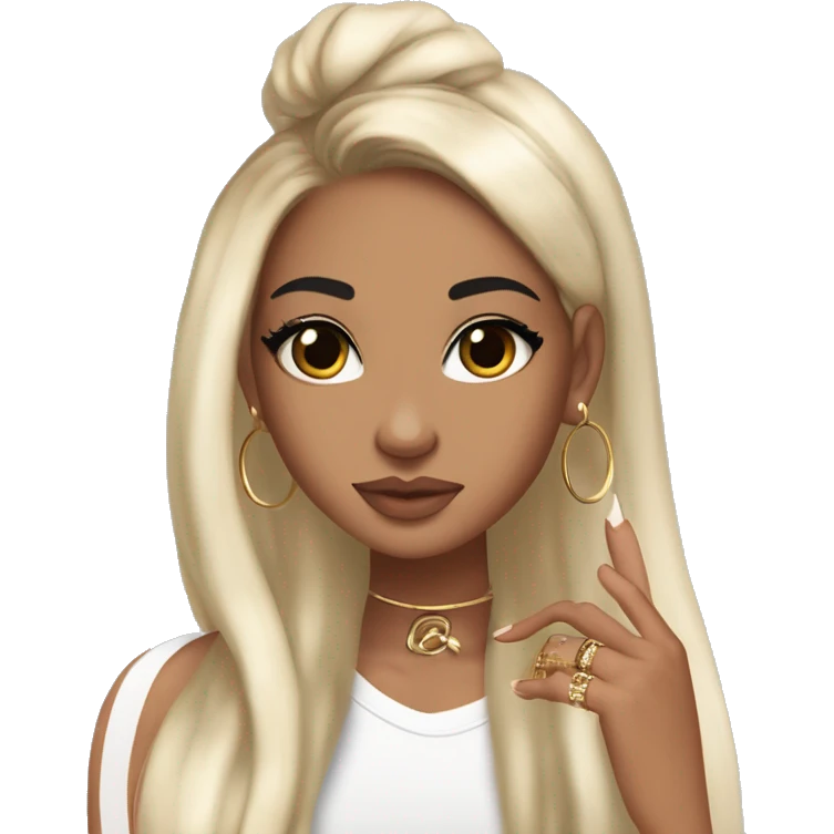 Glamorous, streetwear, black hair, long straight hair, olive skin, brown almond eyes, winged eyeliner with big lashes, wearing hooped earrings, rings and bracelets, almond shaped fake nails, wearing athletic wear emoji