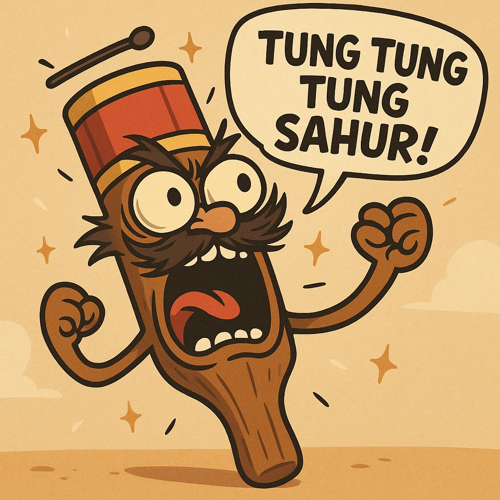 wooden club-shaped emoji character with bug eyes, carved face, wild mustache, drum hat, chaotic energy, sparkles, shouting 'TUNG TUNG TUNG SAHUR!', cartoonish exaggerated style emoji
