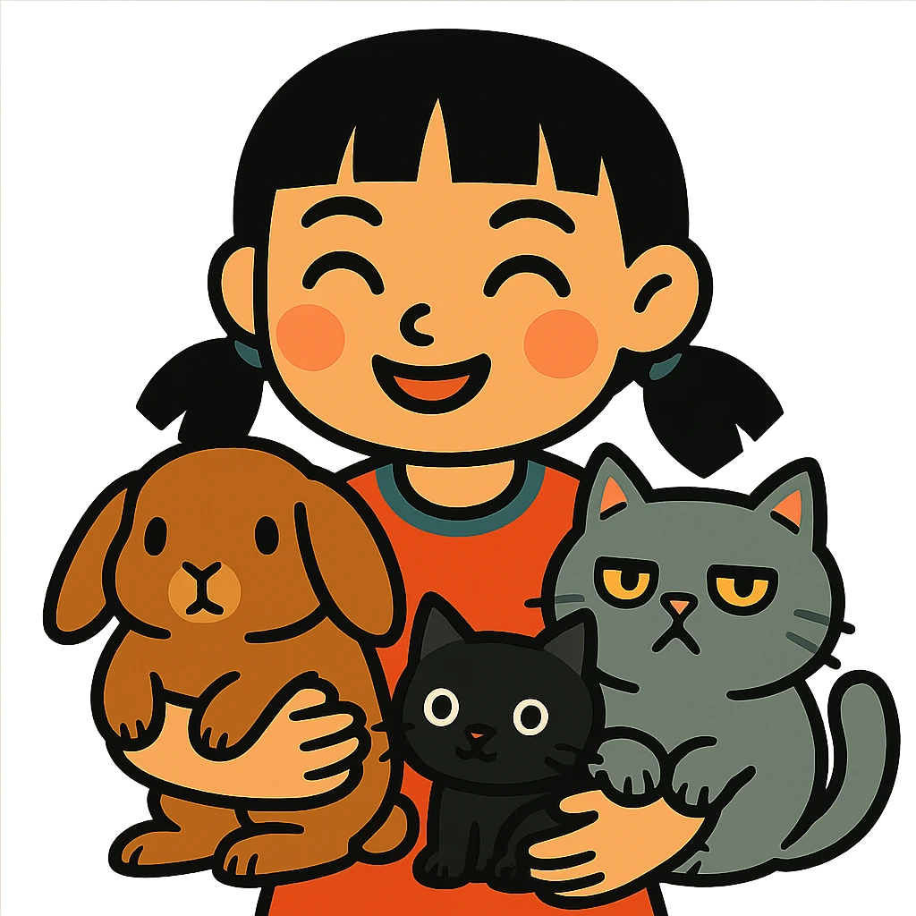 brunette chinita girl holding a brown holland lop rabbit, gray persian cat, and black kitten in vibrant-toon style emoji