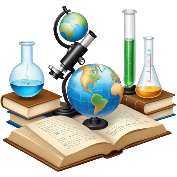 Icon for Scientific and Educational Reading: an open book with mathematical formulas, a microscope, a test tube, and a globe. The icon should represent the curiosity and knowledge found in scientific and academic books. Transparent background. emoji