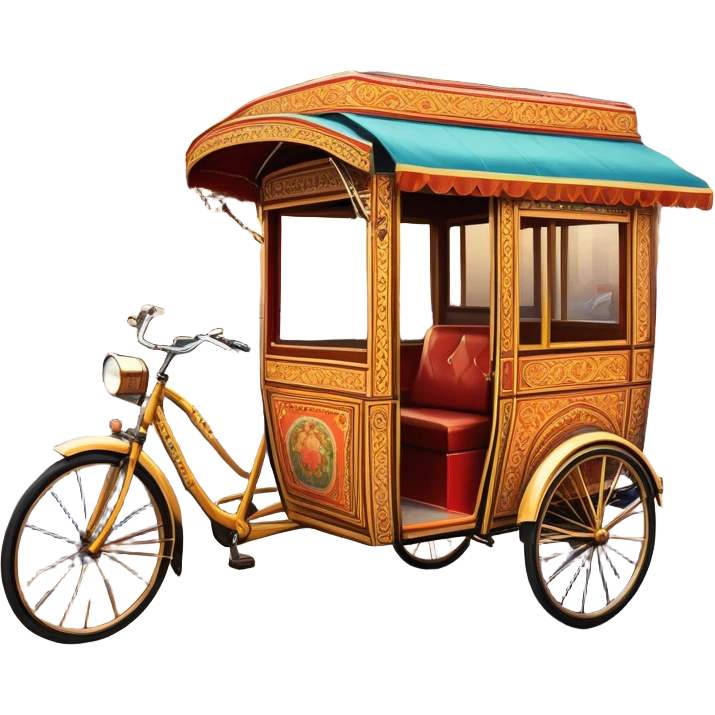 Cyclo rickshaw – Cinematic Realistic Cyclo Rickshaw, depicted as a charming, ornately painted three-wheeled cycle taxi with vintage detailing, set on bustling city streets under dynamic urban lighting that evokes cultural heritage and nostalgic charm. emoji
