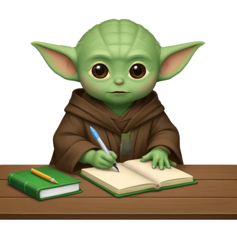 Baby Yoda con su tunica chocolate escribiendo en un cuaderno sobre un escritorio emoji