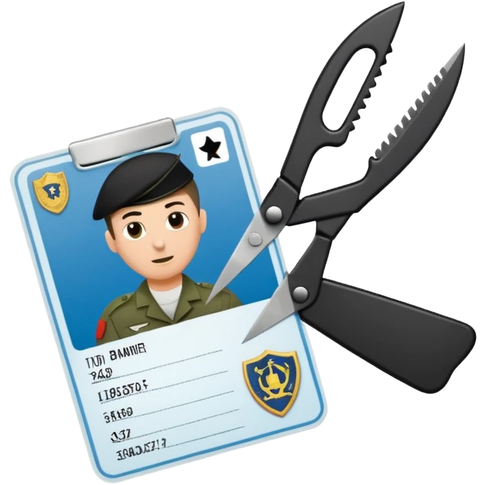 Floating black Scissors cutting in half an idf soldier ID card with a little chip in 2 parts emoji