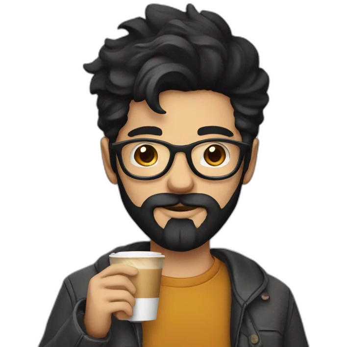 Hipster with black hair, beard and glasses drinking cappuccino   emoji