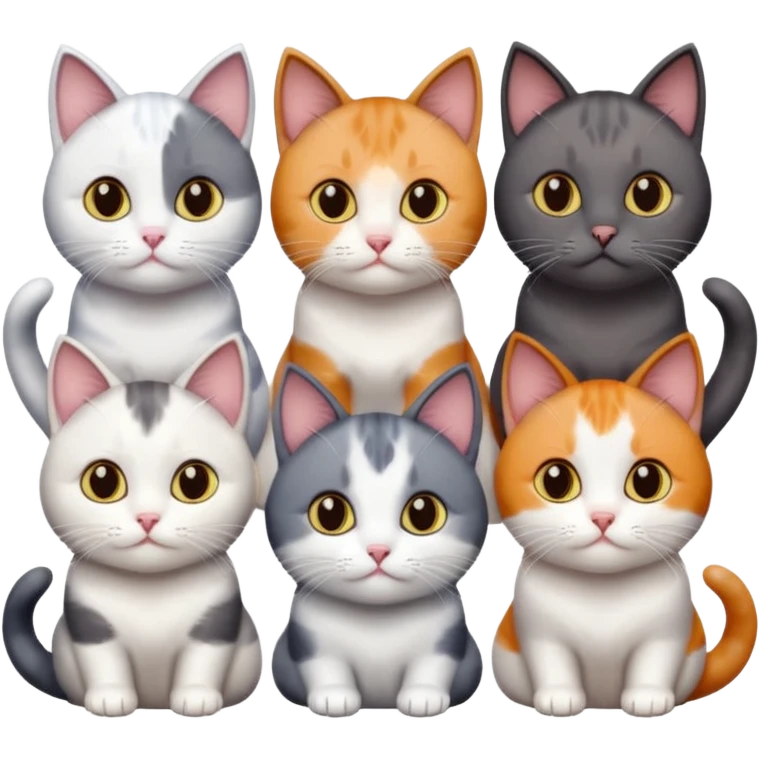 5 different coloured short haired cats including; a dark brown and white cat, and a dark grey and white, and a calico emoji