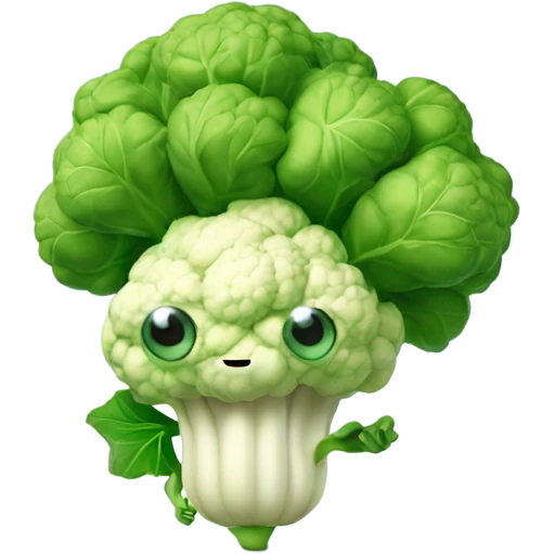 3D cauliflower character with big eyes 👀, a few green leaves 🍃, and leafy hands holding a small mirror 🪞 while gazing into it.  emoji
