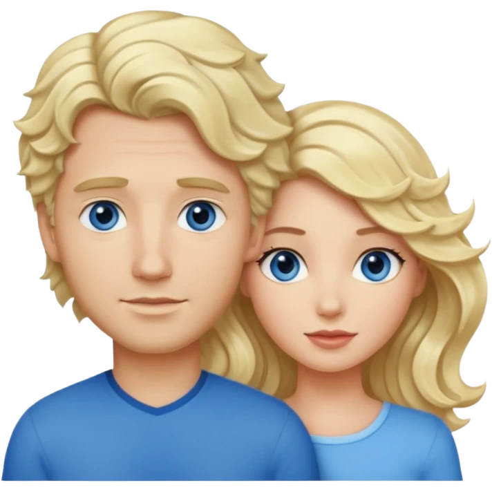 esposos, mujer rubia  y pelo semi tomado ondulado, hombre de pelo negro con un mechon blanco ondulado, atractivo de ojos azules emoji