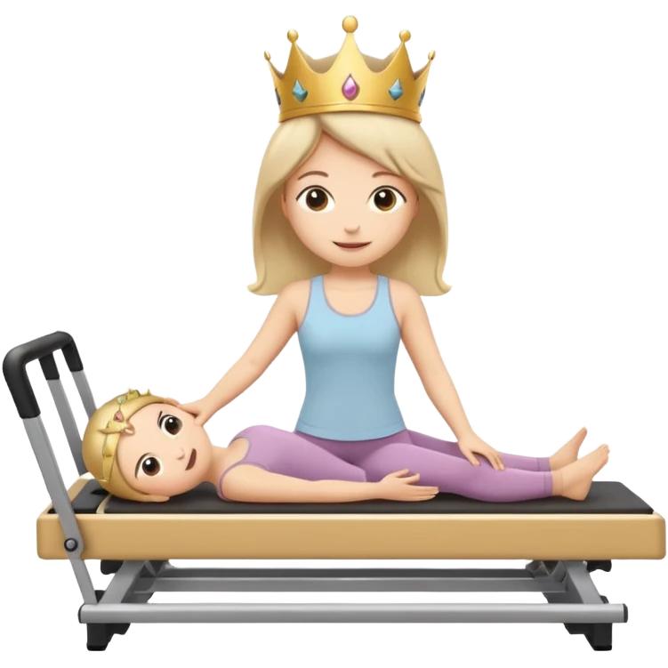 Cute sticker emoji of a “Pilates Princess” doing Pilates on a reformer machine. She is wearing beige activewear with a tiny crown. Soft kawaii style, round shapes, happy face. White outline, vector, transparent background. emoji