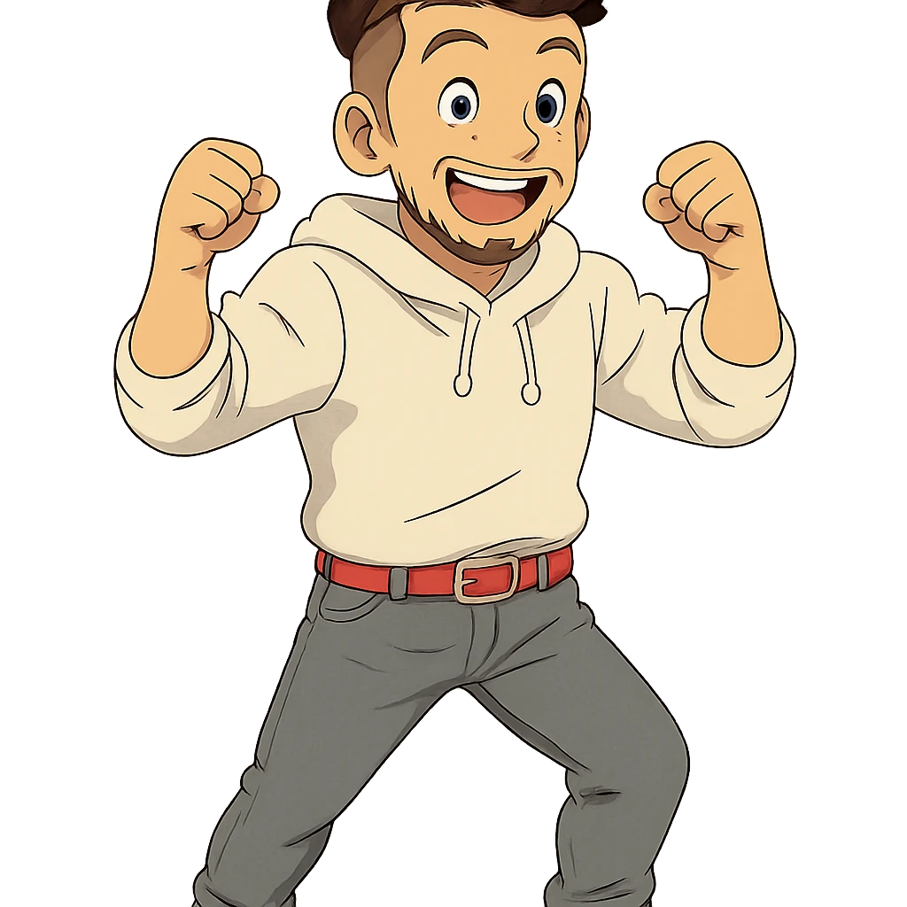 1 male, mid fade haircut dark chestnut brown curly hair, toasted lightskin, white hoodie sleeves up, gray fashion jeans, red fashion-sneakers shoes, red belt, short trimmed beard and goatee,  style of deku from "my hero academia",  "happy!" pose emoji