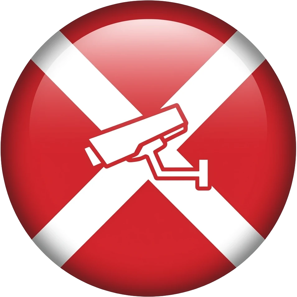 Red filled circle with white X and arrow end points on the X, CCTV in the centre emoji