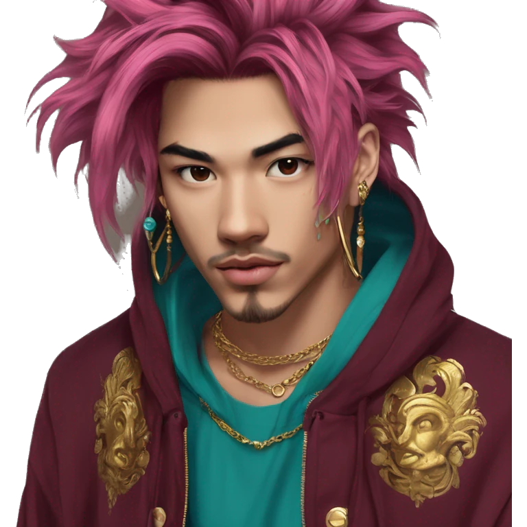 Vintage grunge patina intricate swirls gold jewellery baroque golden sparkle tropical Deep pink maroon burgundy cyan dark hoodie man dyed hair gold piercings nose piercing ear piercings emoji